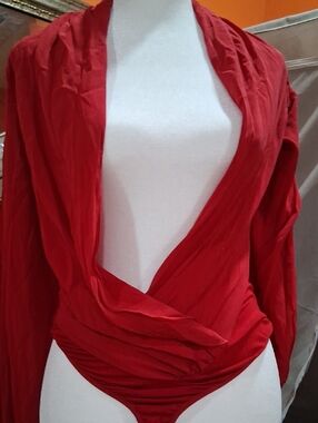 bebe Red Draped Long-Sleeve Bodysuit